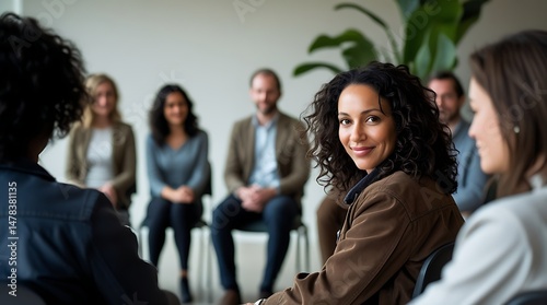 Group therapy or counseling session with people seated in a circle, highlighting teamwork, emotional support, diversity, and personal growth in a safe and inclusive space


