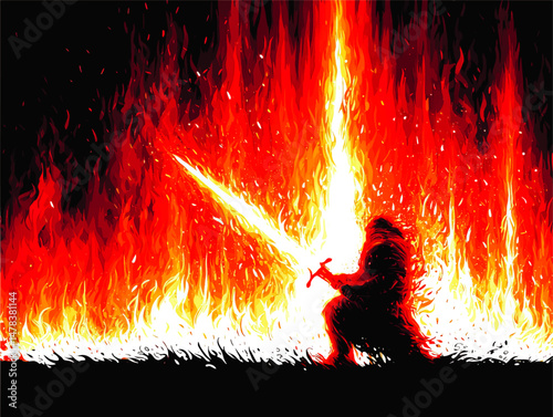 Epic Fantasy Vector Illustration of Fiery Warrior with Flaming Sword Surrounded by Inferno Dangerous Burning Battle Scene Dark Adventure Heroic Saga Background