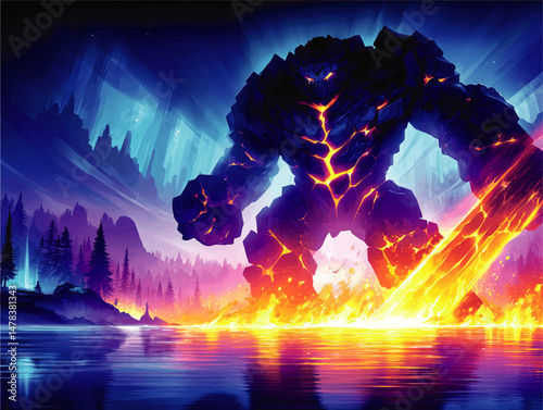 Colossal Fantasy Lava Rock Monster with Glowing Fiery Cracks Emerging from Volcanic Burn Landscape Under Vibrant Blue Night Sky Digital Vector Artwork Illustration
