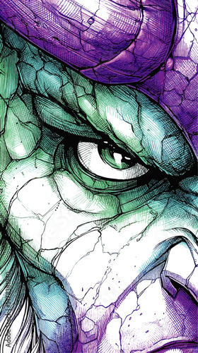Vibrant Vector Illustration of Intense Fantasy Creature Face with Piercing Eye Detail in Creative Artistic Sketch Style Using Purple Teal Abstract Colorful Elements