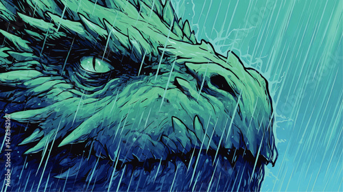 Captivating Fantasy Dragon Face Close Up in Rainstorm Vector Artwork in Blue Colors for Epic Magical Mythical Creature Illustration Graphic Design Background