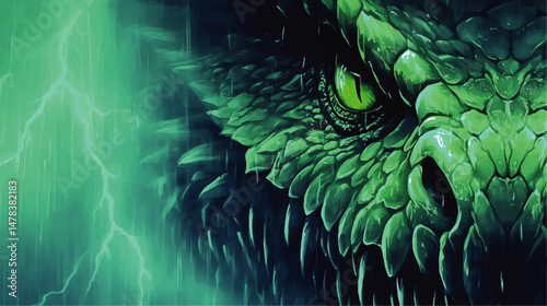 Stunning Vector Illustration of Green Dragon Face with Intense Eye in a Dramatic Storm with Lightning Dark Fantasy Artwork for Gaming Wallpapers and Graphic Designs