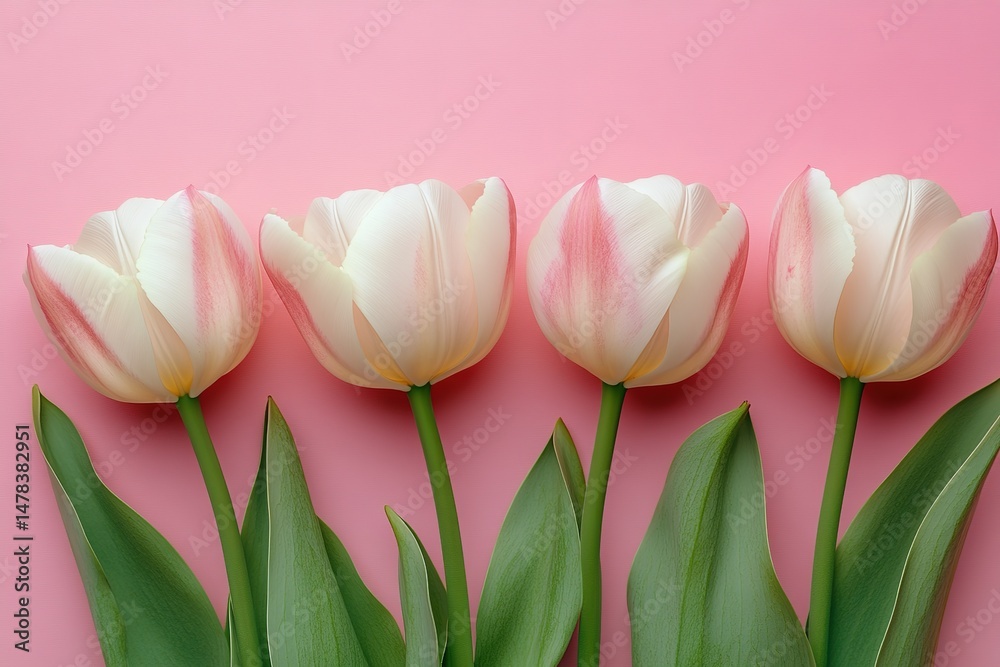 Fototapeta premium Pink Background With Three White And Pink Tulips