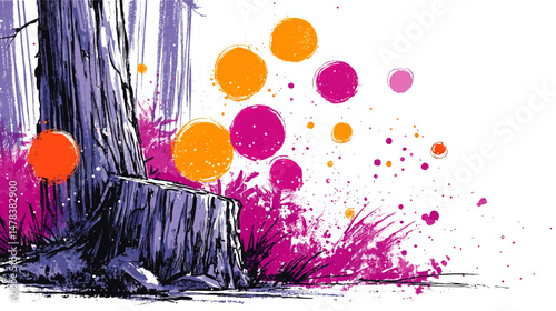Artistic Abstract Vector Illustration of Nature Landscape Featuring Purple Tree Stump with Colorful Orange Pink Circles and Paint Splashes Creative Modern Design Concept