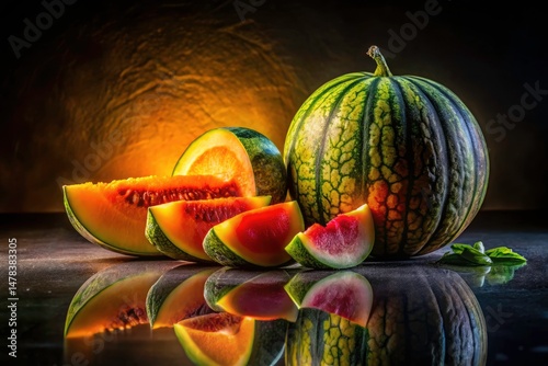 Night Photography Vibrant Watermelon Melon Still Life, Juicy Summer Fruit, Dark Background, Dramatic Lighting