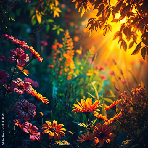 Vibrant colorful flower garden with visible brushstrokes and soft lighting – artistic impressionist style painting
