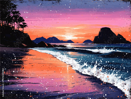 Stunning Vector Illustration of Tranquil Beach Sunset Featuring Vibrant Pink Purple Sky Reflective Ocean Waves Rocks and Silhouetted Coastal Trees Scenic Ocean View