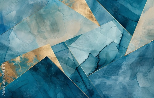 modern abstract blue background design with layers of textured white transparent material in triangle diamond and squares shapes in random geometric pattern