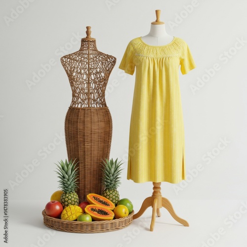 Display of dress and wicker form isolated on white background for fashion or retail use.