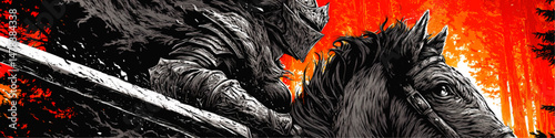 Epic Vector Illustration of Armored Medieval Knight Riding War Horse with Sword in Mystical Forest Battle Scene Fantasy Artwork for Gaming Graphic Design and Tattoos
