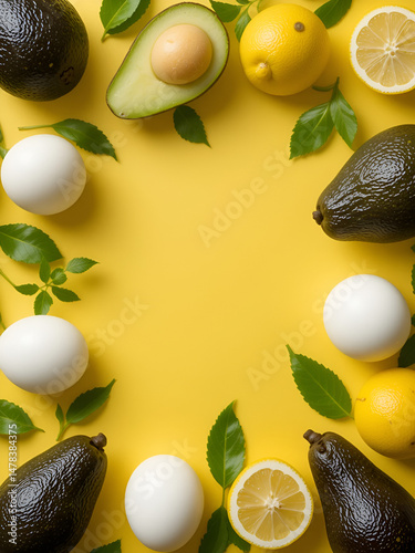 Flat lay ketogenic diet.Frame of avocado,eggs and lemon on the yellow background,top view.Concept of healthy food.Copy space for mock up