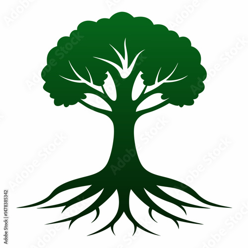 Tree with huge roots vector on white background.