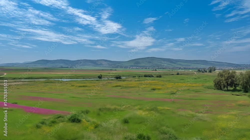 Green meadow landscape with wildflowers, distant hills and open blue sky, beautiful natural setting Green meadow landscape with wildflowers, distant hills and open blue sky, beautiful natural setting