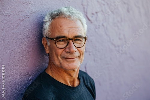 Portrait of senior man with eyeglasses leaning against purple wall