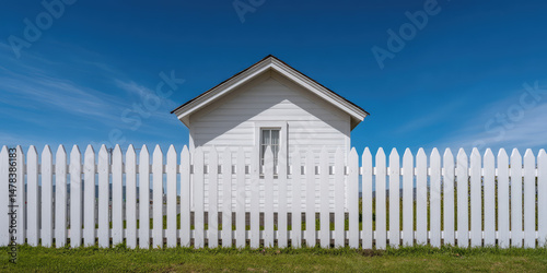 White house with a single window is behind a white picket fence under a clear blue sky. Concept: simplicity, tranquility, suburban life
