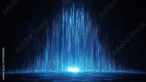 Glowing blue vertical light beams rising from reflective surface in dark environment creating futuristic and mysterious atmosphere