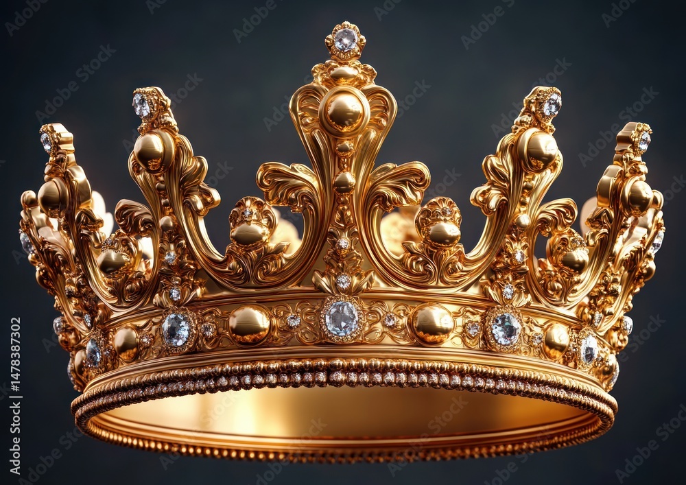 Fototapeta premium ornate golden crown decorated with large and small clear gemstones against a dark background, symbolizing royalty and luxury