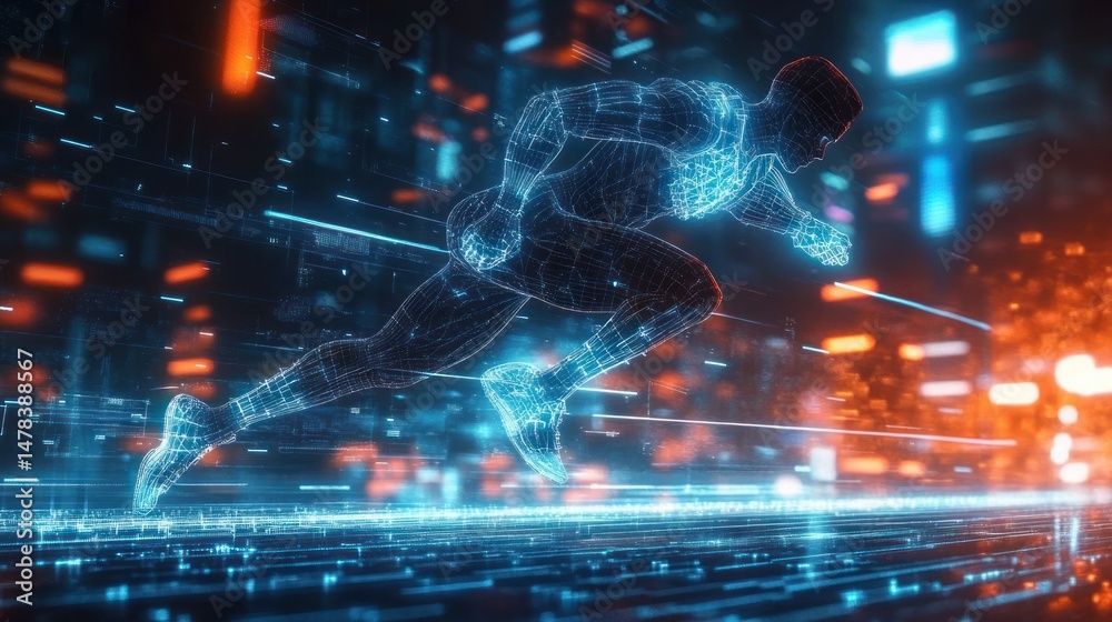 Obraz premium Futuristic digital wireframe figure of a running athlete surrounded by neon lights and data streams conveying speed and technology