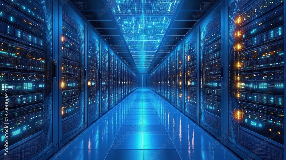 Fototapeta premium Futuristic data center server room with rows of illuminated server racks and blue ambient lighting reflecting on glossy floor conveying advanced technology and efficiency