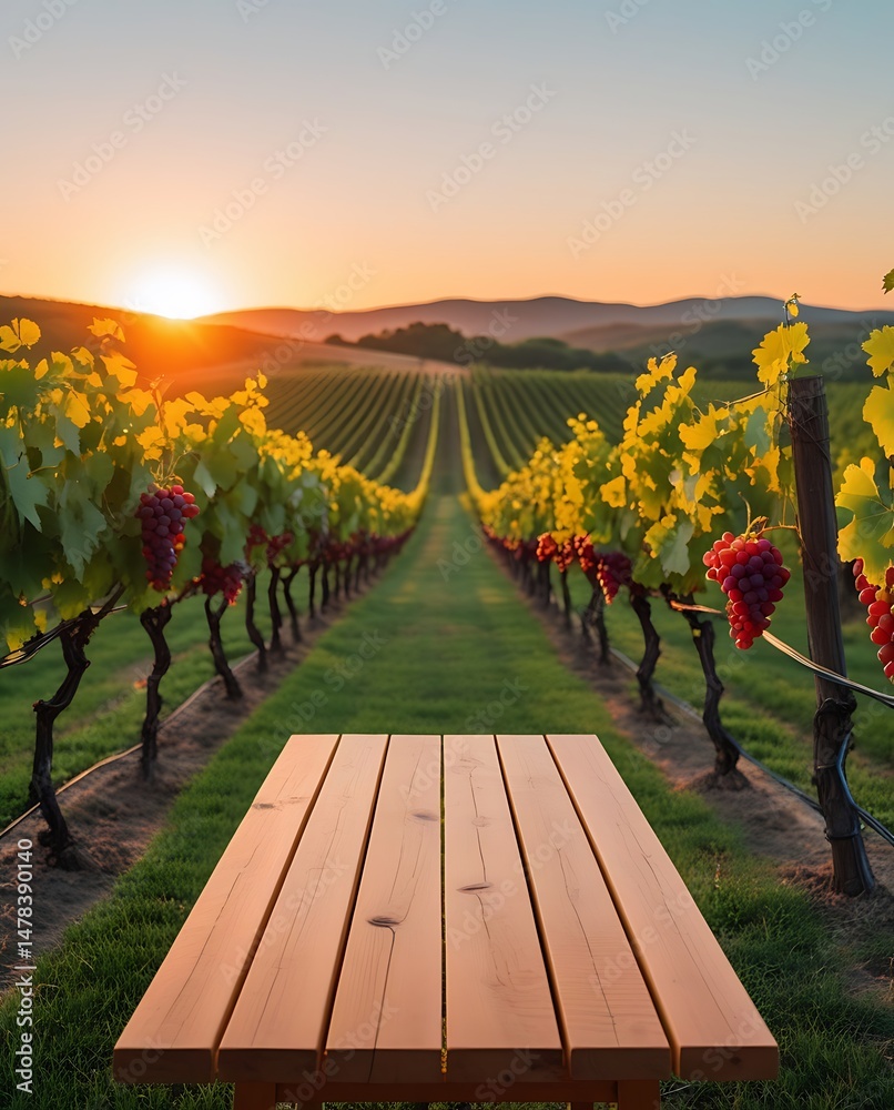 Fototapeta premium Beautiful vineyard at sunset with rows of grapevines and a wooden table in the foreground, ideal for wine culture, agriculture, and nature-themed designs 