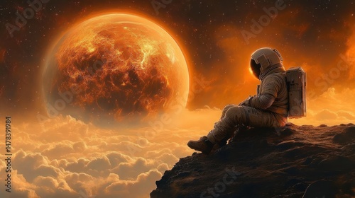 Wallpaper Mural Astronaut sitting on rocky terrain above glowing clouds looking at a large fiery planet in a dramatic orange and red sky Torontodigital.ca