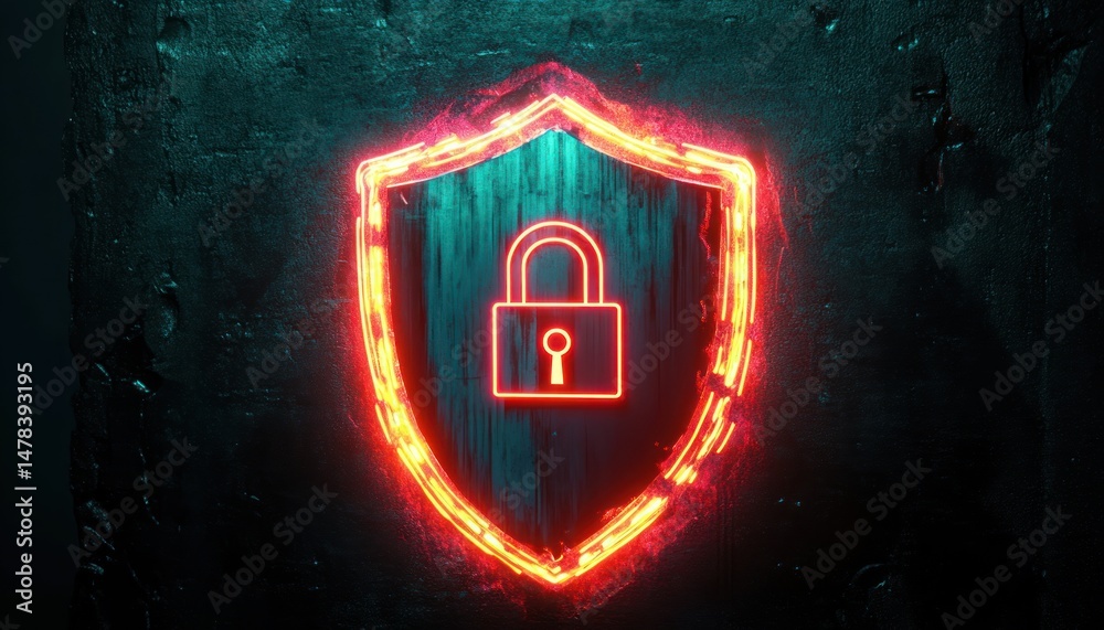 Fototapeta premium Glowing neon red and orange shield symbol with a padlock in the center on a dark textured background, representing protection and security