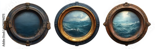 Three vintage ship portholes showing different ocean scenes with moody cloudy skies and turbulent sea waves, framed in weathered metal and wood with visible rust and patina