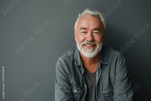 Portrait of a happy senior man smiling against grey background with copy space