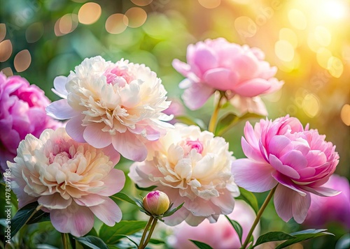 Soft Pink & White Peony Blossoms: Delicate Watercolor Garden Bokeh Photography