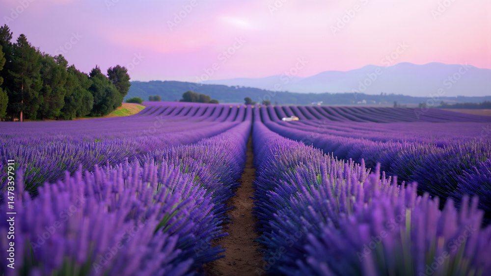 Naklejka premium Landscape of lavender flowers in full bloom field under sunset sky.