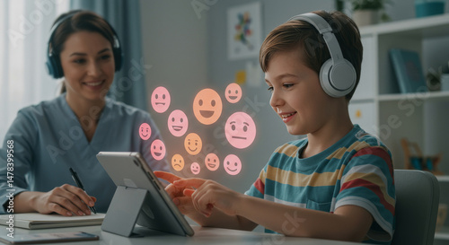 Boy learning online with a teacher and emotions