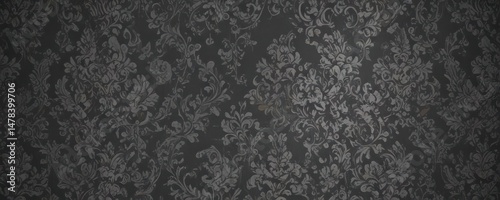 Dark grey damask with silver highlights, sophisticated repeat  , floral, intricate design, seamless