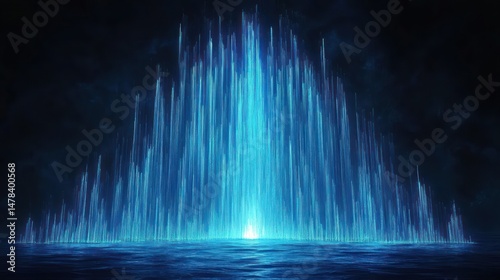 Glowing vertical blue light beams rising from a water surface against a dark cosmic background creating a futuristic and ethereal atmosphere