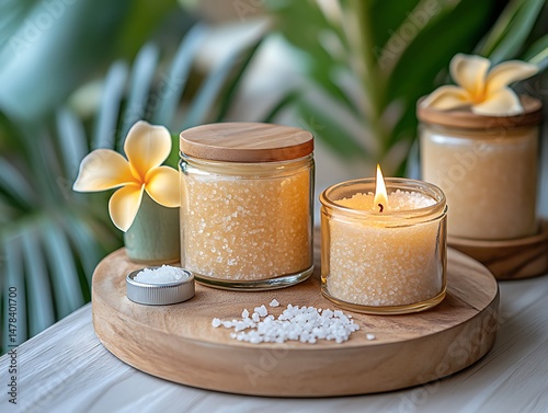Scented candles and salt crystals on wooden tray