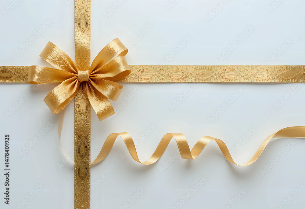 Fototapeta premium A curly gold ribbon for Christmas and birthday present banner isolated against a white background.