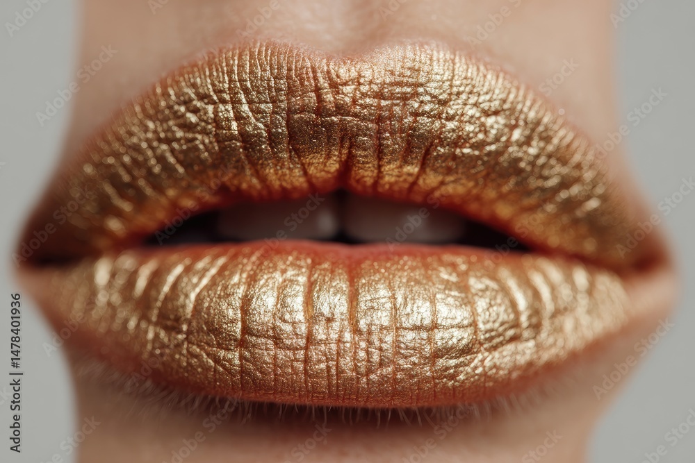 Fototapeta premium Close-up view of a woman's lips with golden metallic lipstick.