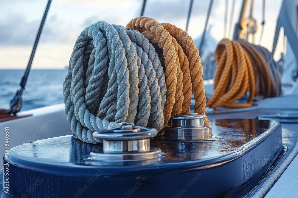 Obraz premium Coiled ropes on a sailboat deck with metal winches, calm sea and cloudy sky in the background, depicting nautical equipment and maritime atmosphere