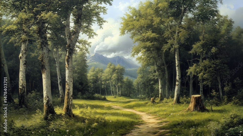 Obraz premium Peaceful Woodland Trail with Birch Trees and Misty Peaks