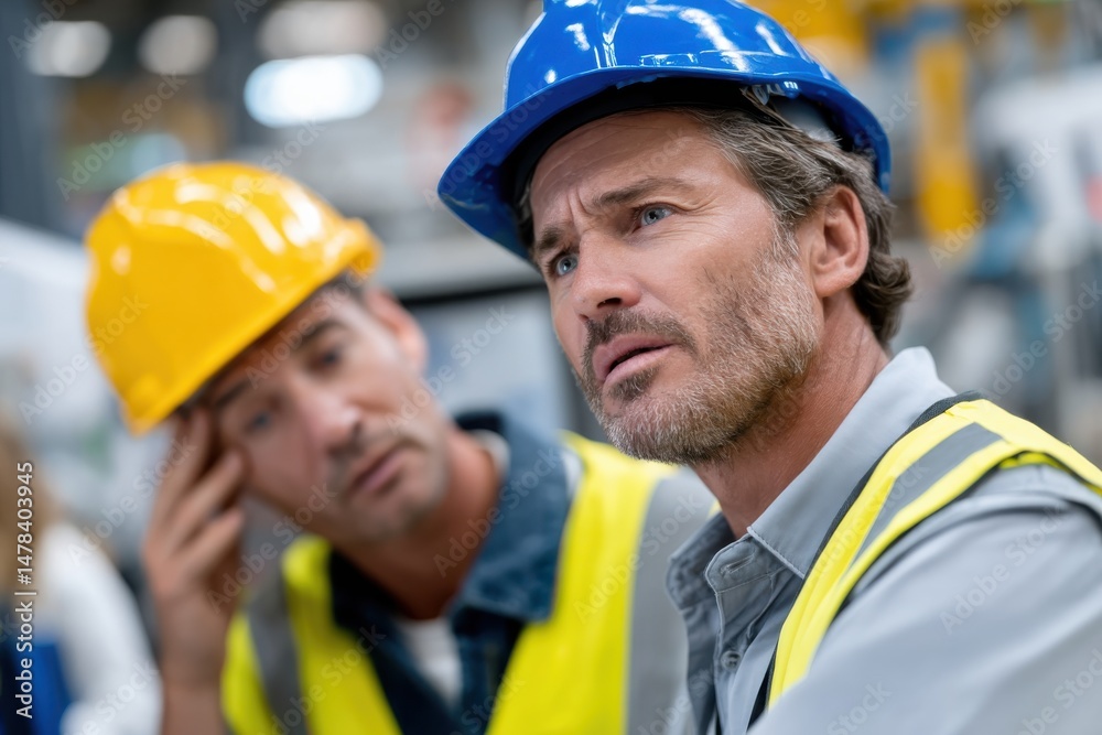 Obraz premium In a busy stockroom, two men in safety gear are brainstorming solutions, reflecting the collaborative spirit and challenge of working in high-pressure environments.