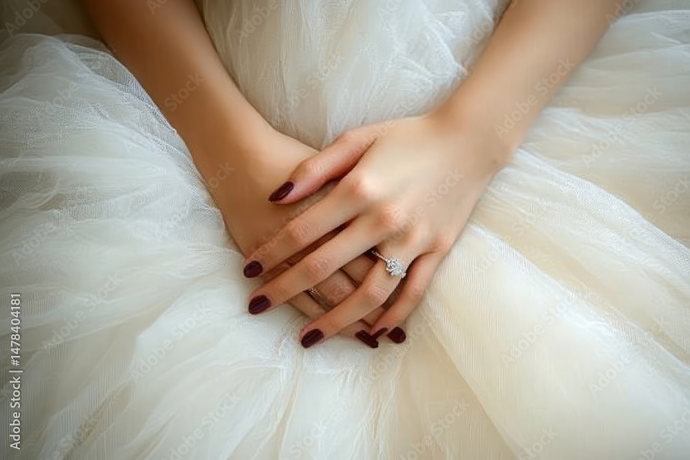 Naklejka premium Close-up of woman’s hands gently resting on white soft fabric with an engagement ring and dark purple polished nails expressing calmness and elegance