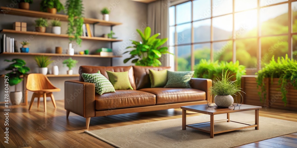 Fototapeta premium Tilt-Shift Modern Living Room: Stylish Brown Sofa, Lush Plant, Miniature World