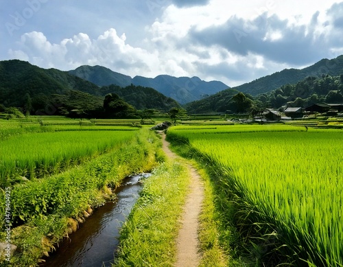 水田が広がる日本ののどかな田舎の風景