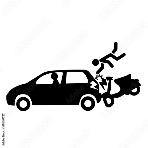 Silhouette graphic of a traffic accident of a motorcycle user hitting a car from behind