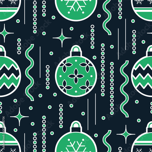 Christmas Seamless Pattern. Christmas Ball Ornaments, New Year's Tinsel. Trendy Geometric Flat Style. Merry Christmas Happy New Year Design. Vector in Black Green White