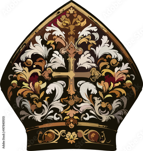 Baroque Papal Mitre with Golden Cross and Ornate Floral Embellishments – Catholic Bishop Hat Isolated on White