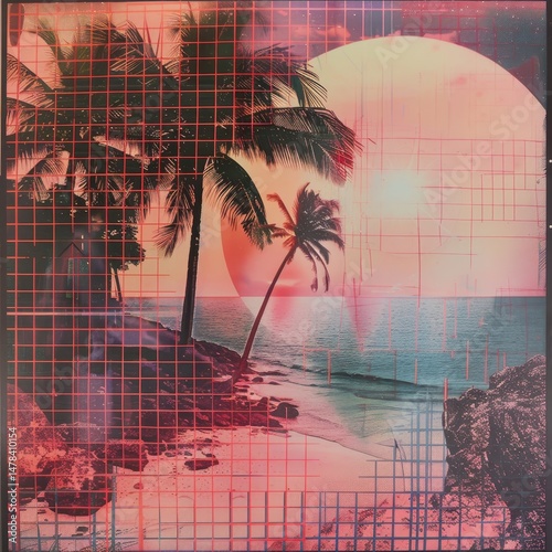 retro vaporwave sunset with palm trees and grid .