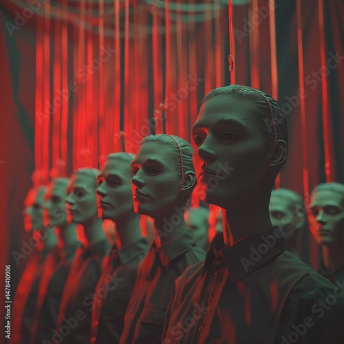 surreal puppet show with cloned avatars controlled by a hacker red strings on puppeteer .