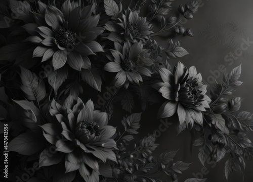 Intricate charcoal floral wallpaper, abstract botanicals  , texture, floral background