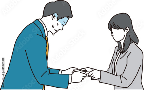 名刺交換で緊張する営業マンのイラスト素材
