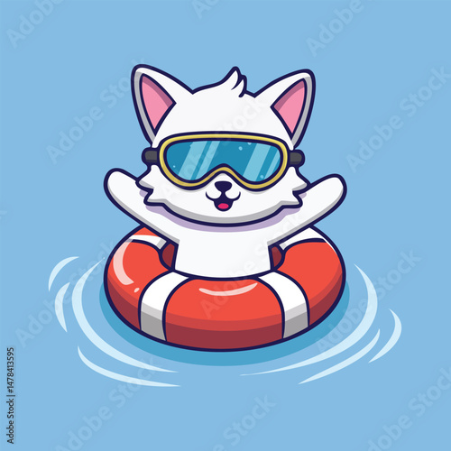 Cute cartoon cat floating in a pool with a life ring